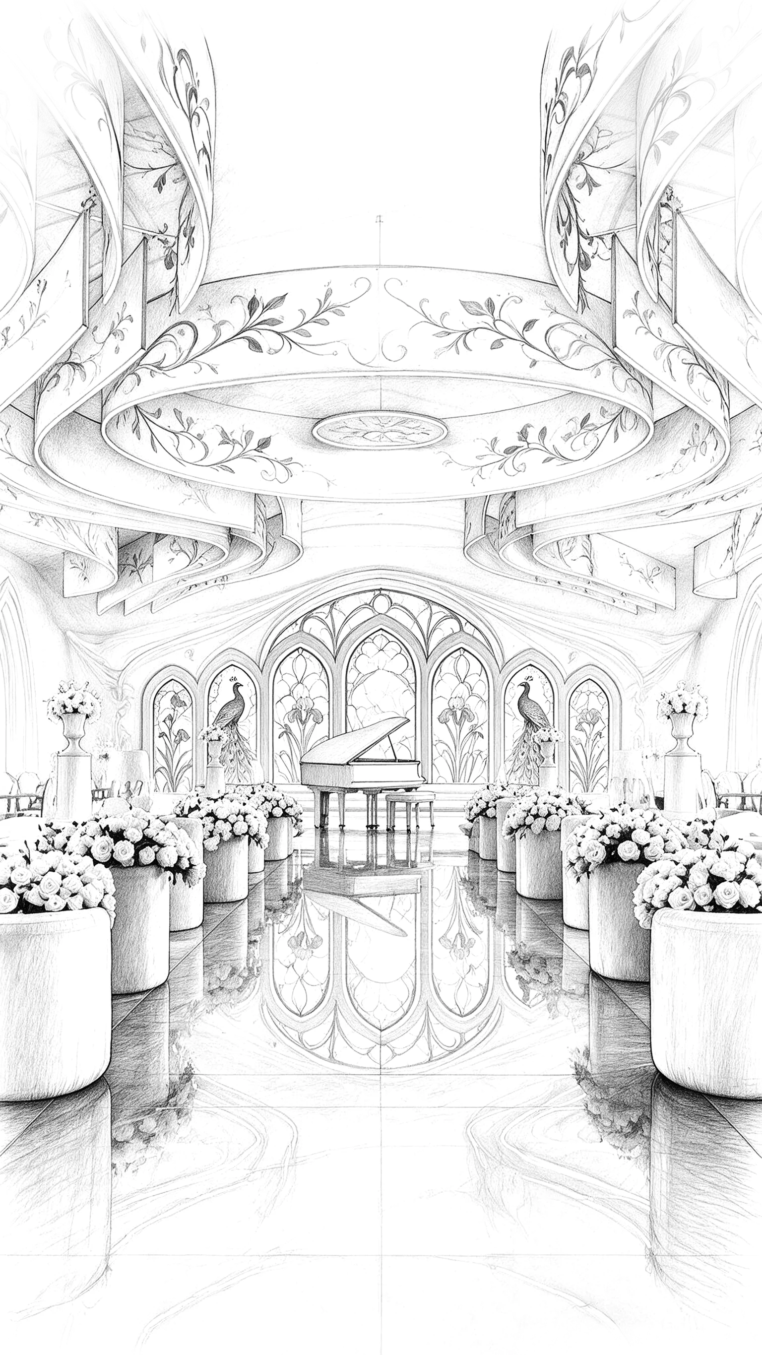 An illustrated ballroom with flowers, an ornate ceiling and a grand piano