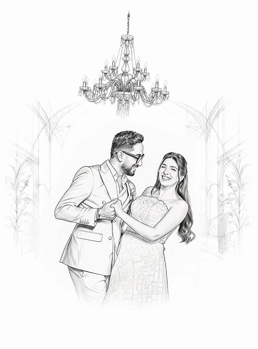 Achref and Eya dancing beneath a chandelier